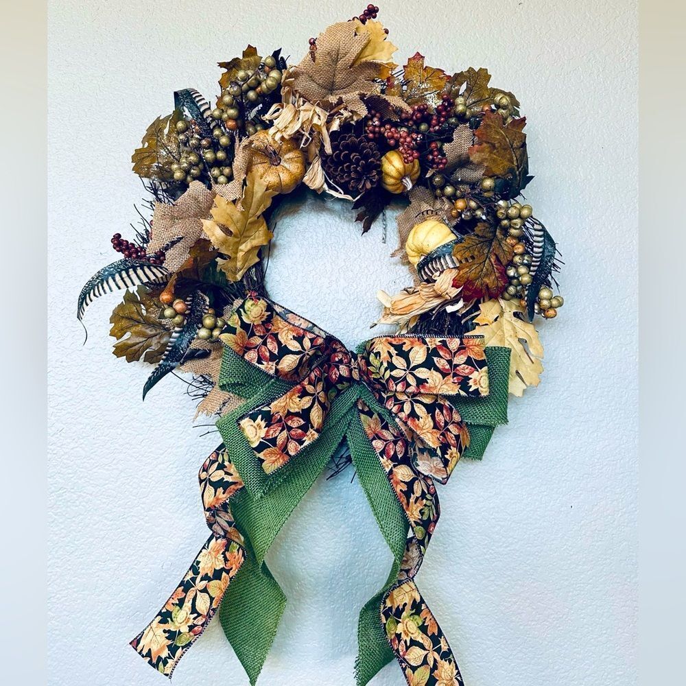 Gold Brown Rustic Fall Autumn Burlap Ribbon Leaves Wreath